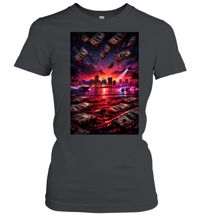 GTA 6 Inspired Blood Money Vice City Neon Cash Rain Dystopian Crime Graphic Women T-Shirt