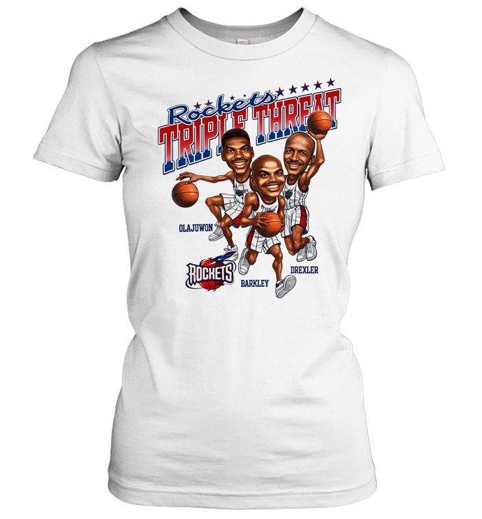 Hakeem Olajuwon Charles Barkley Clyde Drexler Houston Rockets Triple Threat vintage Women T-Shirt