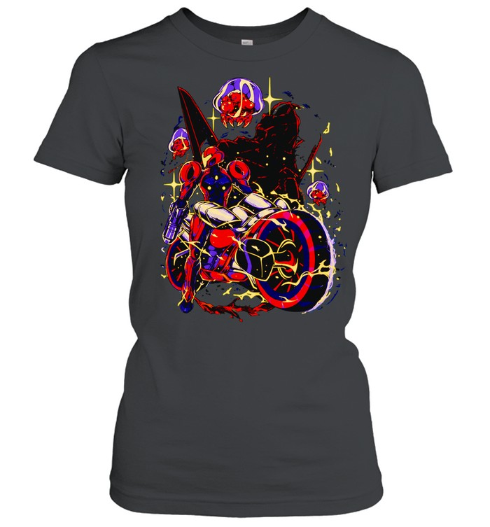 Under New Stars Samus Aran and her Vi-O-La motorcycle from Metroid Prime 4 Beyond Women T-Shirt