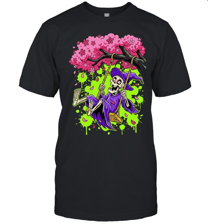 Skeleton Witch on a Swing in Cherry Blossom Tree Halloween Unisex T-Shirt