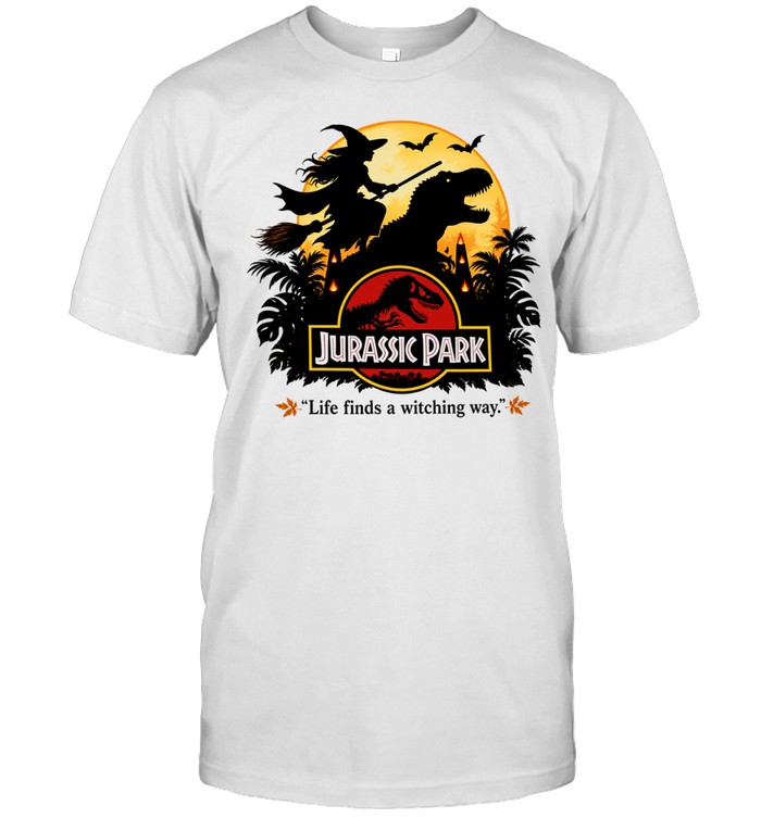 Halloween Life Finds A Witching Way Jurassic Park Flying Broomstick Silhouette Full Moon Unisex T-Shirt