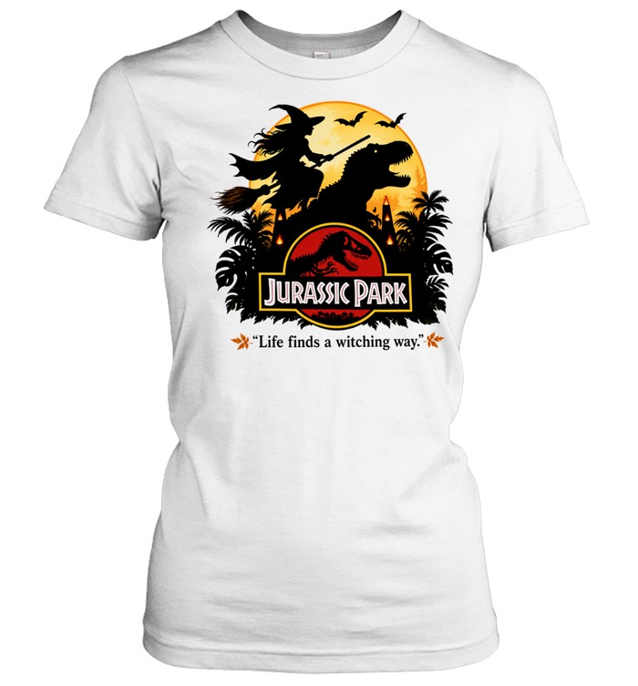 Halloween Life Finds A Witching Way Jurassic Park Flying Broomstick Silhouette Full Moon Women T-Shirt