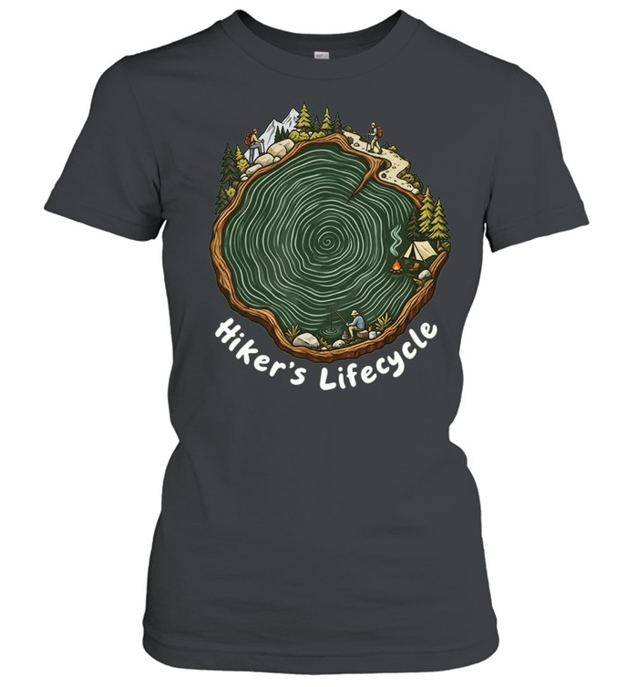 Hiker’s Lifecycle Nature Woods Outdoors Hiking Camping Fishing Adventure Women T-Shirt