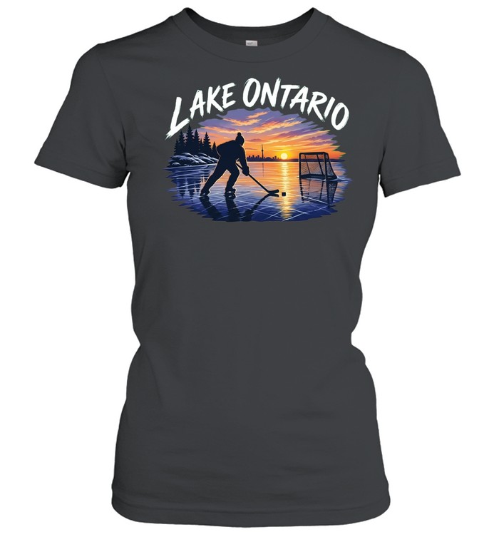 Lake ontario silhouette hockey player net ice sunset Women T-Shirt