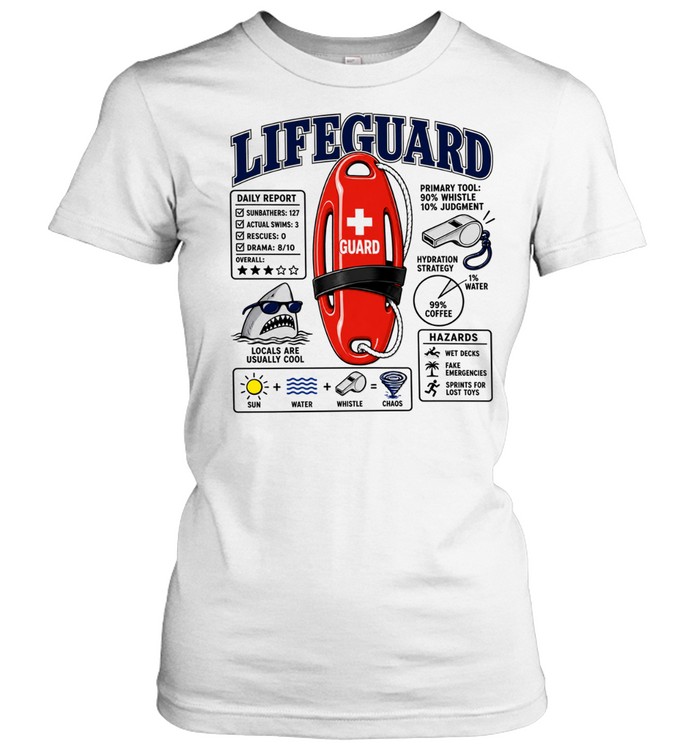 Lifeguard Daily Report Sun Water Whistle Equals Chaos Red Rescue Buoy Shark Sunglasses Women T-Shirt