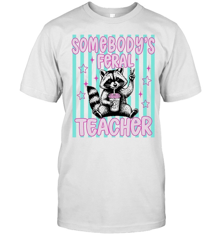 Somebody’s Feral Teacher Raccoon Peace Sign Iced Coffee Unisex T-Shirt