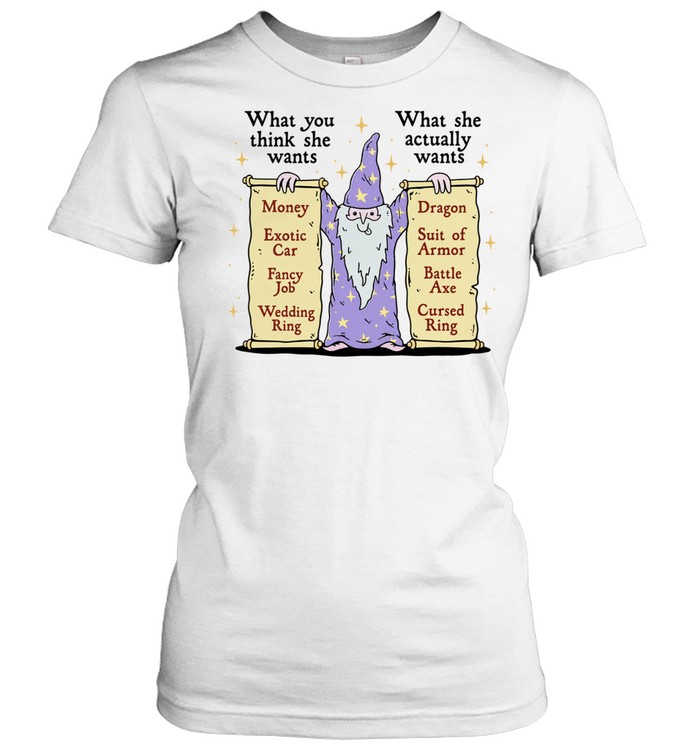 Wizard What you think she wants What she actually wants Dragon Battle Axe Women T-Shirt