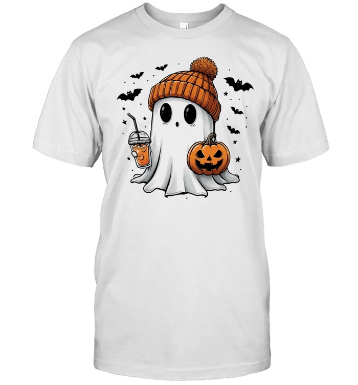 Cute Ghost with Orange Beanie and Pumpkin Halloween Coffee Unisex T-Shirt