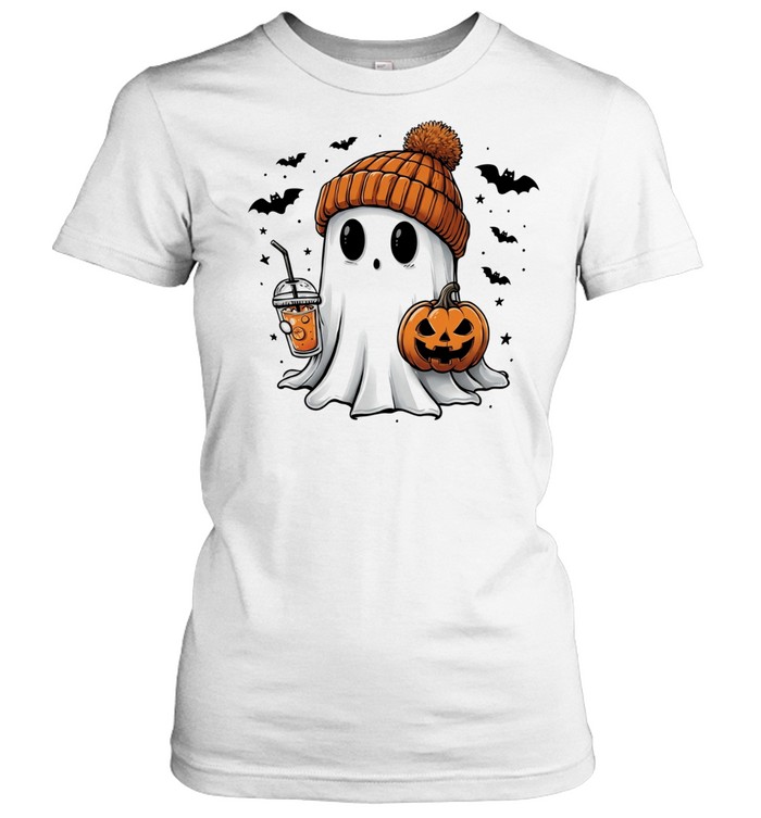 Cute Ghost with Orange Beanie and Pumpkin Halloween Coffee Women T-Shirt