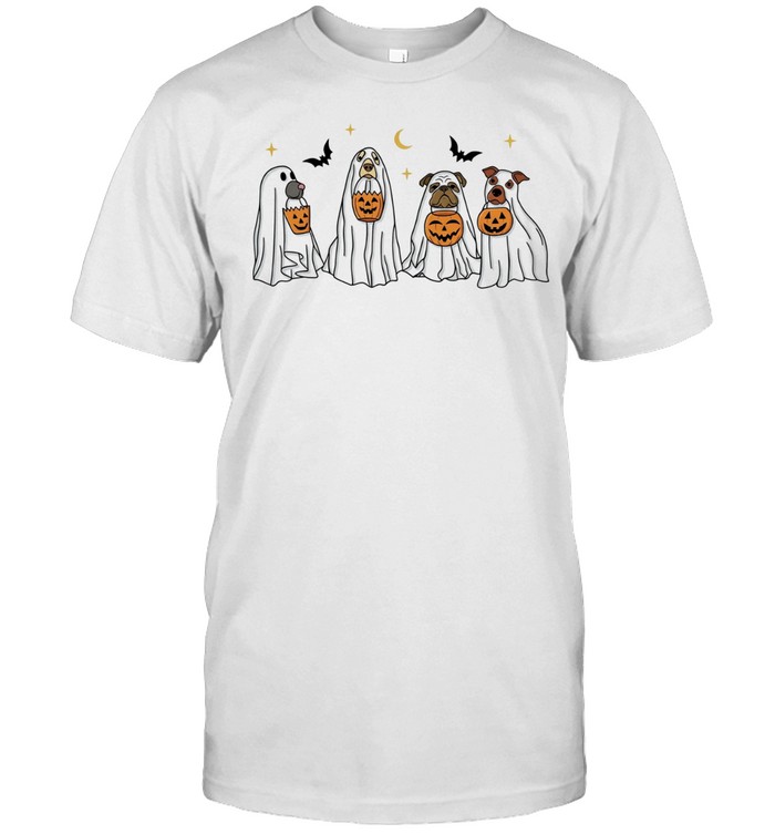 Dogs in ghost costumes with pumpkin buckets Halloween trick or treat Unisex T-Shirt