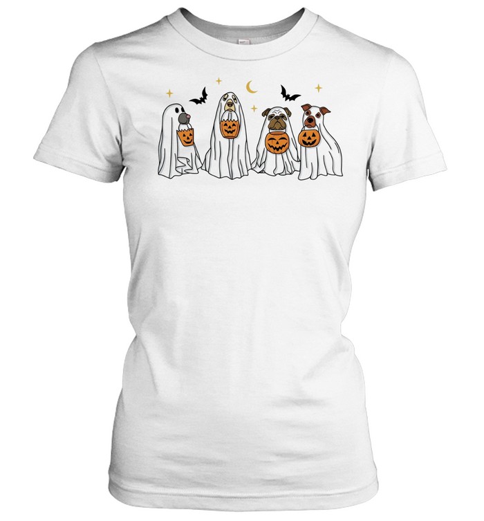 Dogs in ghost costumes with pumpkin buckets Halloween trick or treat Women T-Shirt