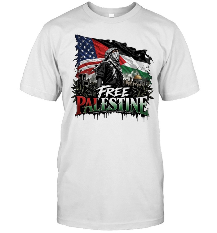 Free Palestine Keffiyeh Masked Figure with American Flag and Dome of the Rock Unisex T-Shirt