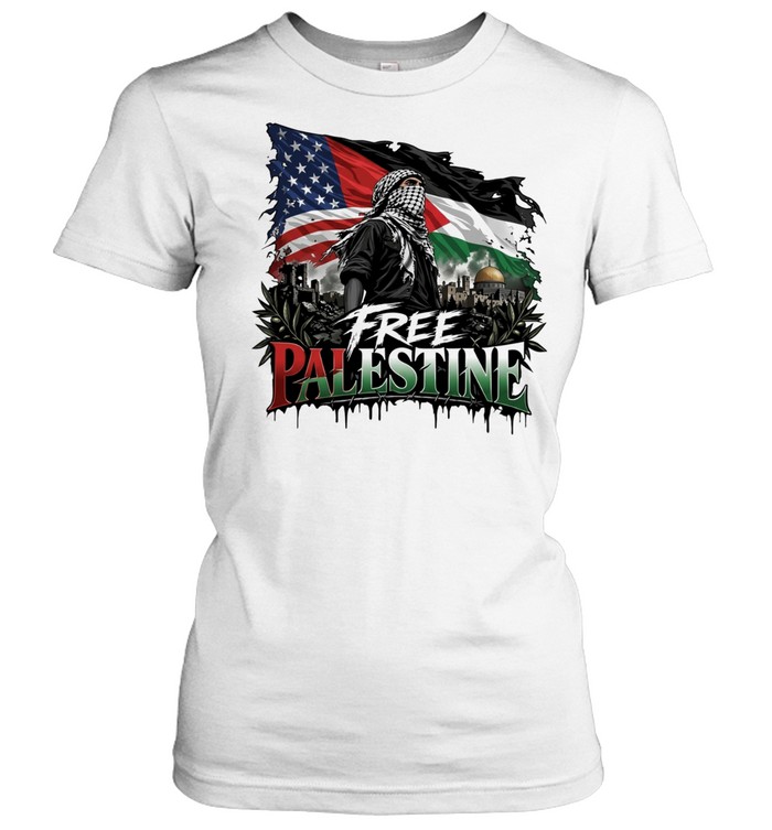 Free Palestine Keffiyeh Masked Figure with American Flag and Dome of the Rock Women T-Shirt