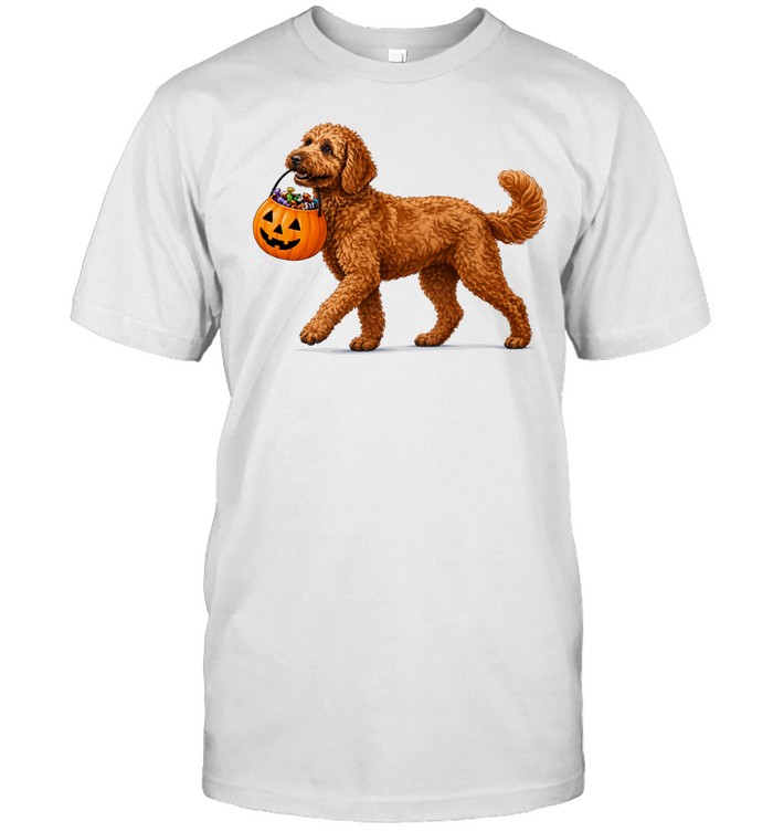 Goldendoodle Dog Carrying a Halloween Pumpkin Full of Candy Trick or Treat Unisex T-Shirt