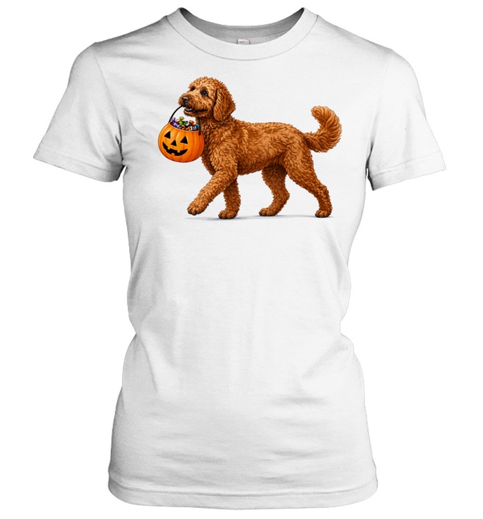 Goldendoodle Dog Carrying a Halloween Pumpkin Full of Candy Trick or Treat Women T-Shirt