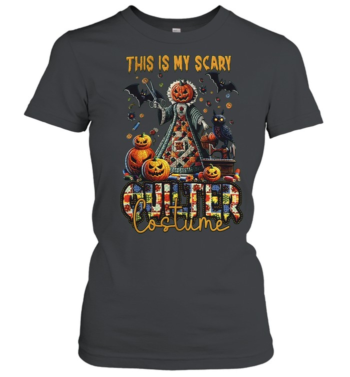 Halloween This IS MY Scary Quilter Costume Pumpkin Head Patchwork Dress Sewing Machine Women T-Shirt