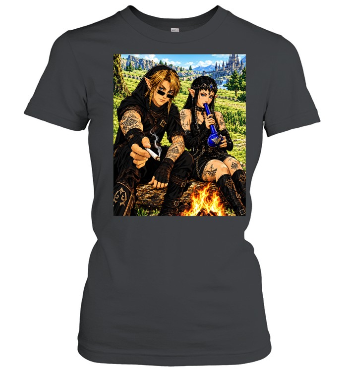 Link Zelda The Legend of Zelda Video Game Elf Couple Smoking By Fire Women T-Shirt
