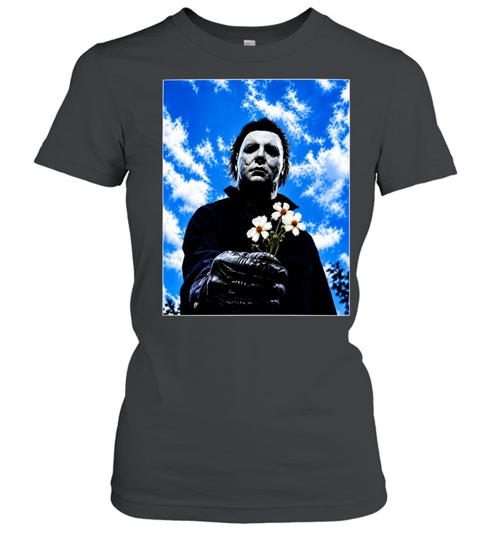 Michael Myers Halloween horror movie character holding white flowers Women T-Shirt