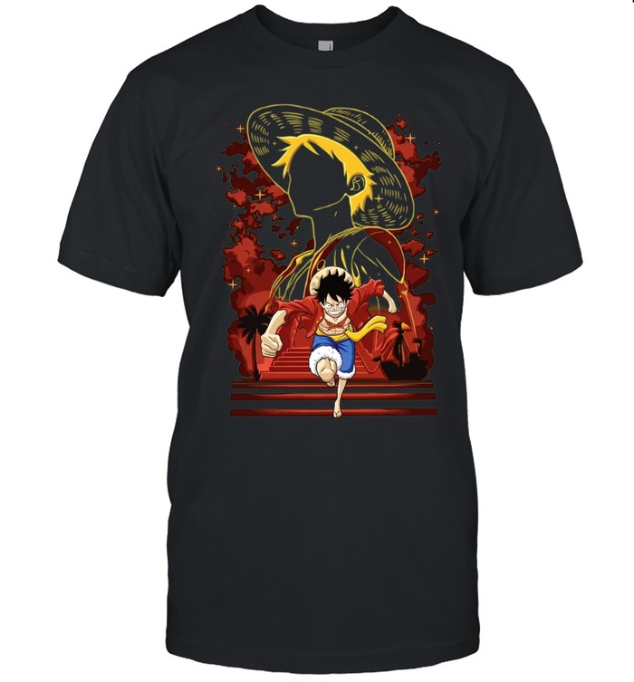 Monkey D Luffy One Piece anime character portrait with running figure Unisex T-Shirt