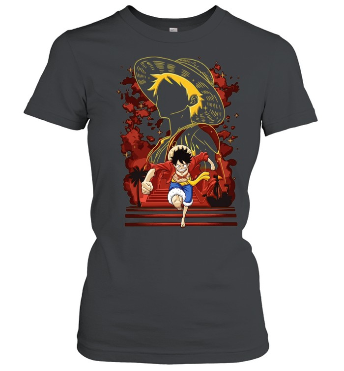 Monkey D Luffy One Piece anime character portrait with running figure Women T-Shirt