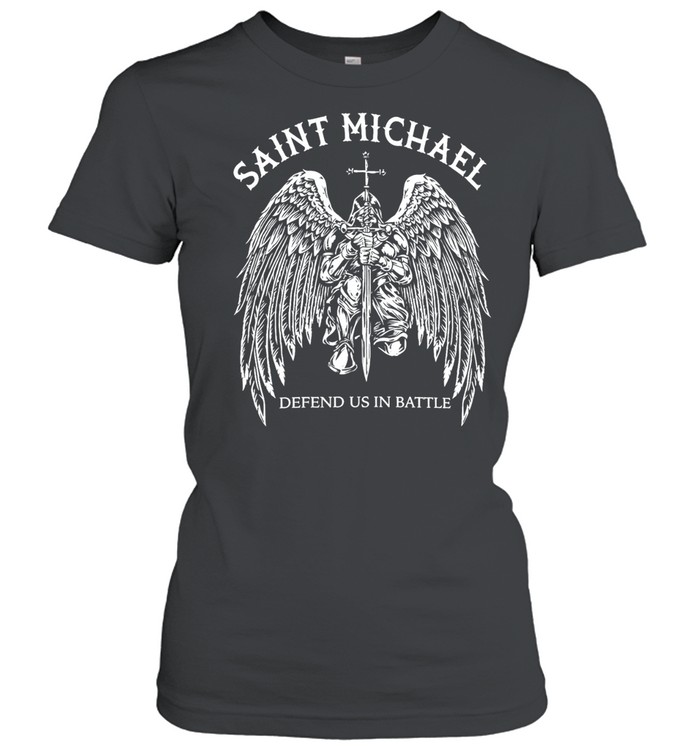 Saint Michael Defend Us In Battle Kneeling Archangel Knight Holding Sword Wings Women T-Shirt
