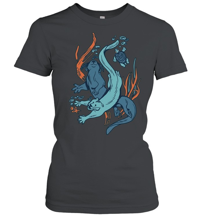 Two Otters Swimming Underwater Turtle Women T-Shirt