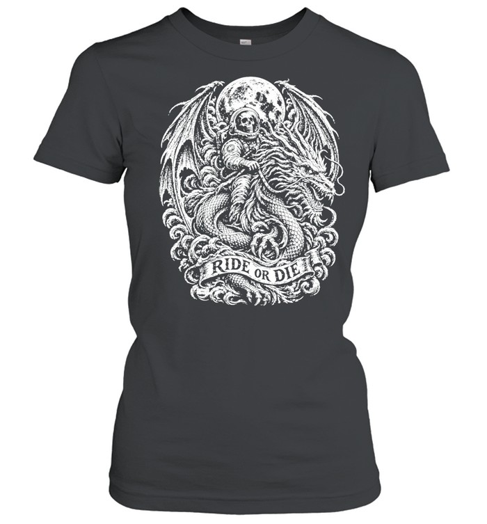 Ride Or DIE skeleton astronaut riding winged dragon full moon Women T-Shirt