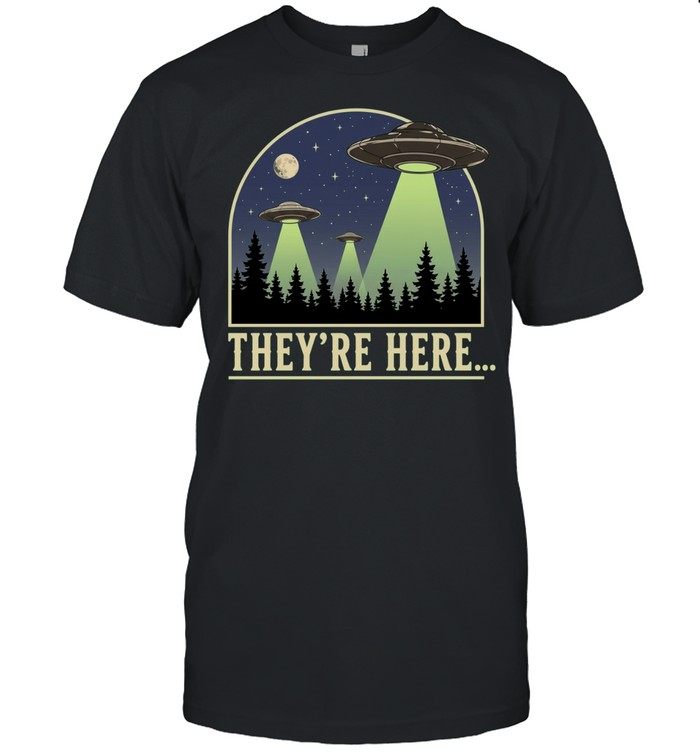 They’re here three ufos flying over pine forest at night moon Unisex T-Shirt