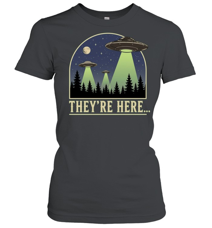 They’re here three ufos flying over pine forest at night moon Women T-Shirt
