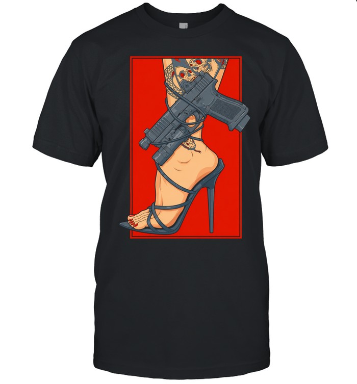 Woman foot in high heel shoe wrapped with handgun Unisex T-Shirt