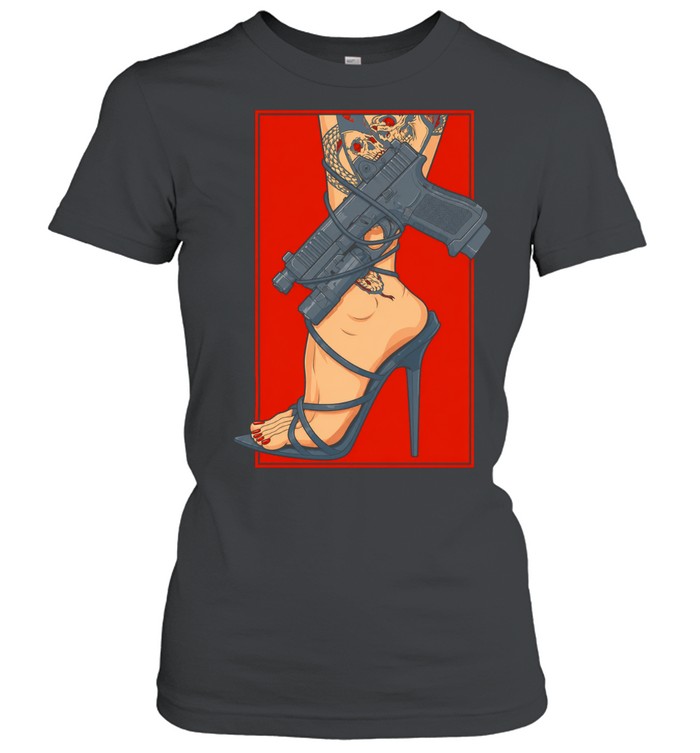 Woman foot in high heel shoe wrapped with handgun Women T-Shirt
